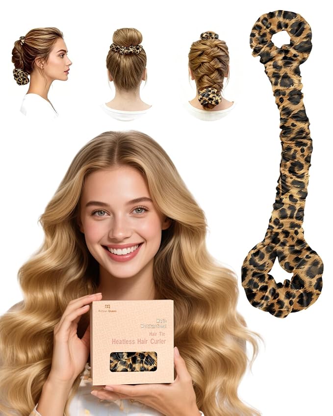 BONNET QUEEN Multi-function Satin Heatless Hair Curler & Hair Tie Non-Heating Hair Roller Curling Rod with Scrunchie, Large, Leopard(For Big Curls)