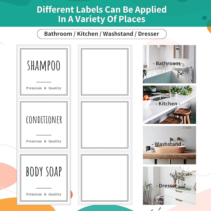 Segbeauty Waterproof Labels for Bottles, 18pcs Shampoo Conditioner White Label Stickers, Removable Self-Adhesive Soap Dispenser Stickers for Bathroom Kitchen Washstand Dresser Plastic Glass Bottle