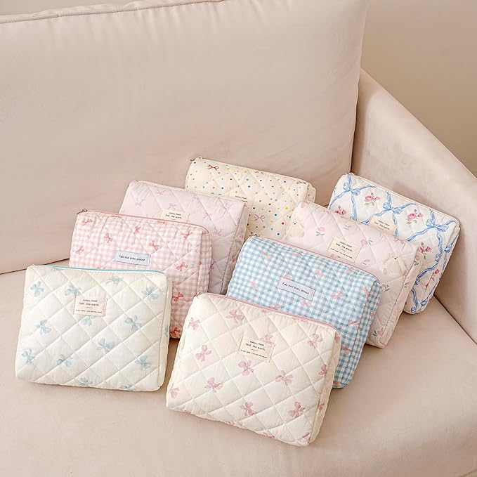 uekeboag Quilted Cotton Makeup Bag,Coquette Quilted Toiletry Bag for Women and Girls,Floral Coquette Pouch,Cute Kawaii Travel Cosmetic Bags(Cute Pink Bow)