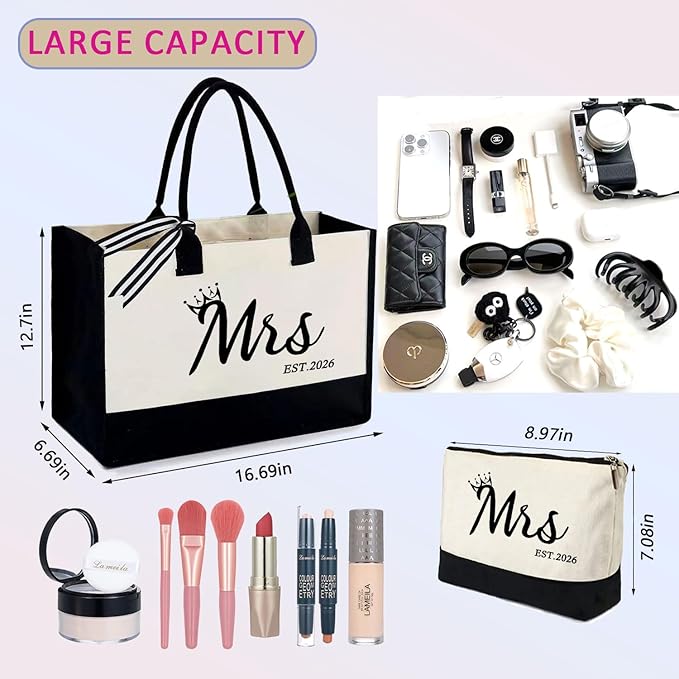 Mrs 2026 Bride Canvas Tote Bag, Gifts for Wedding BridalShower, mrs 2026 bag with Makeup Bag，Bachelorette Party, Bride to be Gifts, Miss to Mrs Bag,Christmas Personalized Bridesmaid Gift