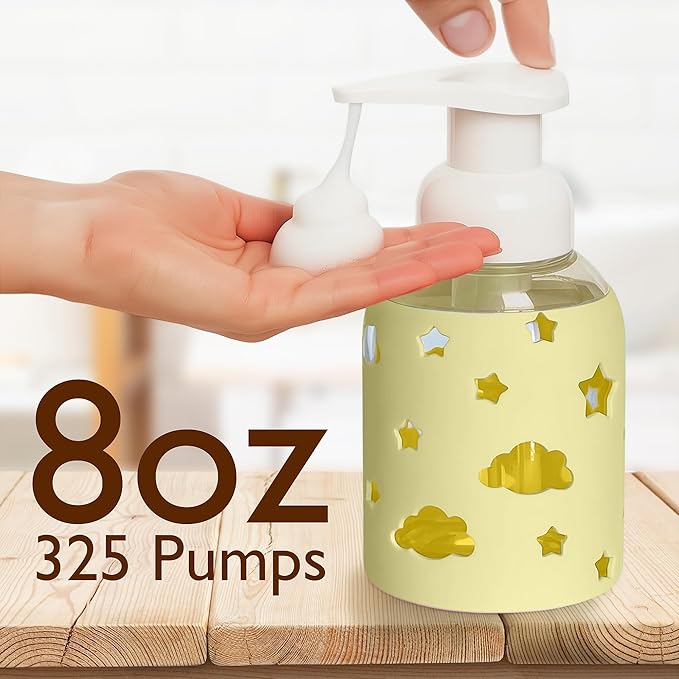 SoCal Suds & Company Foaming Hand Soap Dispenser Glass, Liquid Soap Pump with Cloud & Star Sleeve, Refillable Bottle for Kids, Baby Wash & Shampoo, Ideal for Bathroom & Kitchen Use, Light Yellow, 8oz