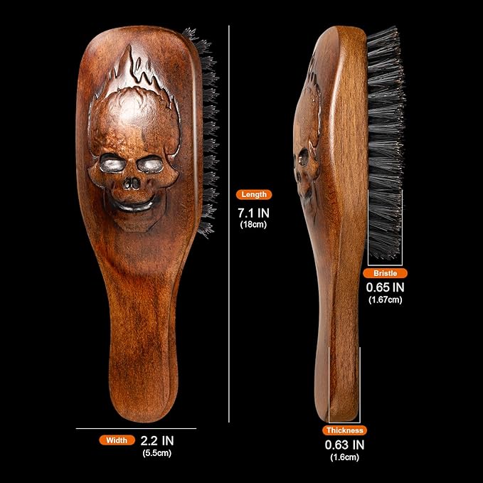 Eagle Fortress Boar Bristle Hair Brush for Men Hair Care - Beard Brush, Mustache Brush with Skull on Wooden Handle, Grooming & Styling Tool for Men, Standard Size