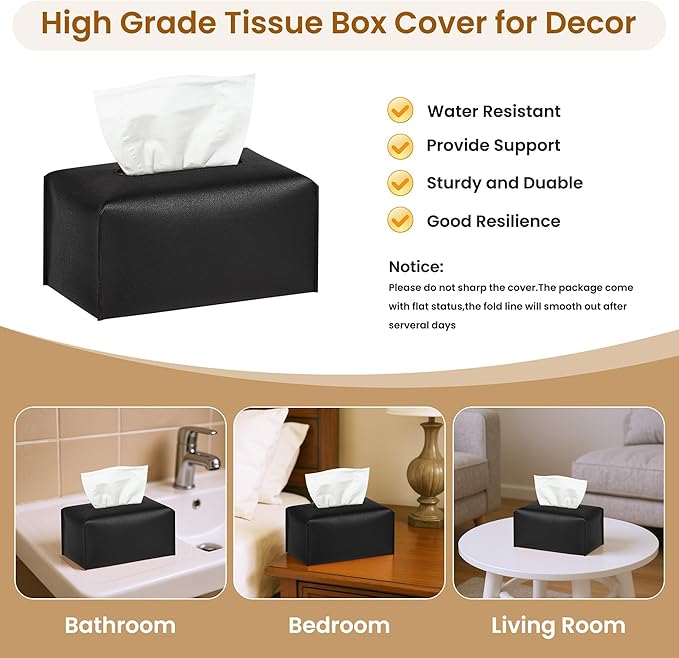 Long Tissue Box Cover, PU Leather Tissue Holder Rectangle, Facial Paper Organizer, Modern Dispenser for Bathroom, Kitchen, Home, Office, Tabletop (1, Black, Short)
