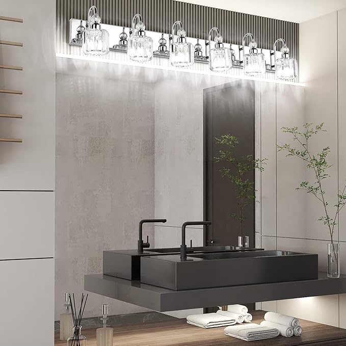 Ralbay 6-Lights Stainless Steel Crystal Bathroom Vanity Lights Over Long Mirror Modern Crystal Vanity Lighting Fixtures for Bathroom