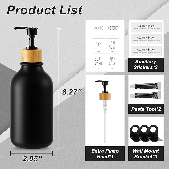 VITVITI Shampoo and Conditioner Dispenser, Body Wash Shower Soap Dispenser Wall Mounted 3 Chamber, Drill Free 17oz Plastic Shower Bottles for Bathroom, Black 3 Sets