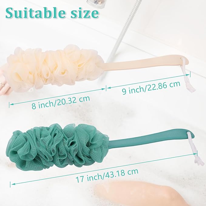 4Pack Back Scrubber for Shower Loofah with Long Handle, Shower Brush for Body, 17″ Loofah on a Stick for Men Women Bathing Accessories, Scrubber Sponge for Exfoliating Bath Brushes (Beige & Green)