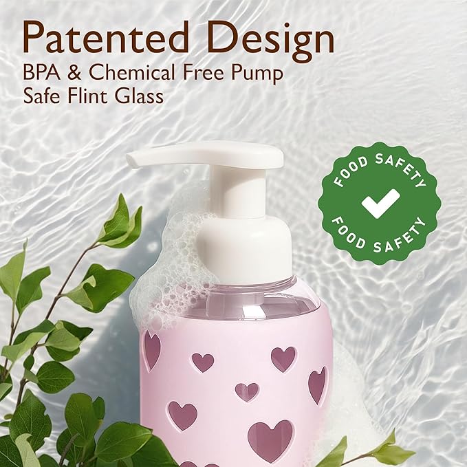SoCal Suds & Company Foaming Hand Soap Dispenser Glass, Liquid Soap Pump with Heart Silicone Sleeve, Refillable Bottle for Kids, Baby Wash & Shampoo, Ideal for Bathroom & Kitchen Use, Soft Pink, 8oz