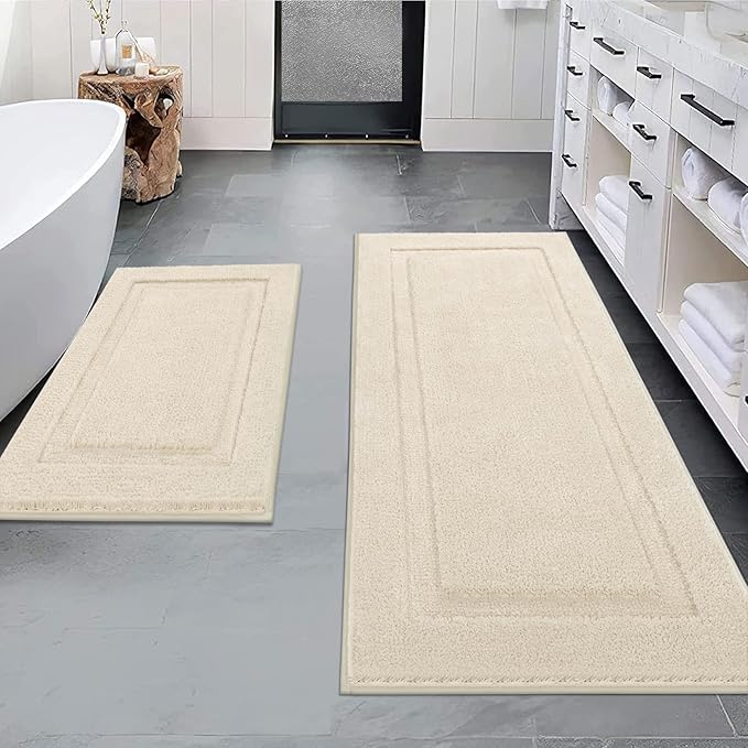 SHACOS Ultra Soft Bathroom Runner Rugs Sets 2 Pieces 47x20 + 32x20 inch Microfiber Long Bath Rugs Non Slip Washable Fluffy Bath Mats for Bathroom Shower Tub, Light Beige