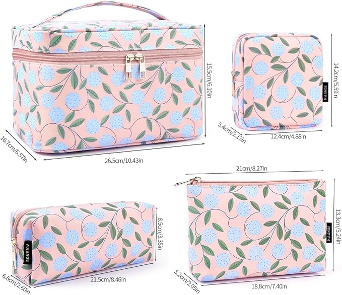 MAANGE 4PCS Makeup Bag for Women, Cosmetic Bag Set, Portable Large Travel Makeup Bag, Bolsa de Maquillaje, Impermeable Oxford Cloth Make Up Organizer with Gold Zipper(Pink Plants)