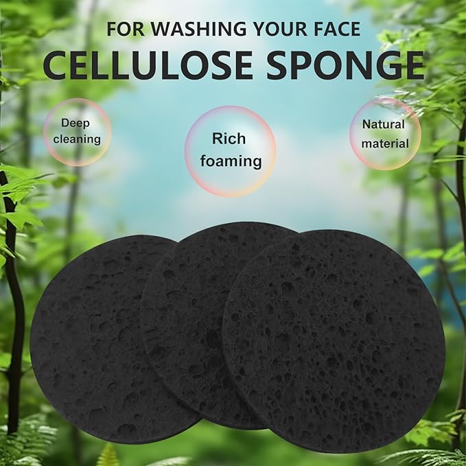 50-Count Large Compressed Facial Sponges for Estheticians,Daily Cleansing and Gentle Exfoliating- 100% Natural Cellulose Spa Sponge Perfect for Removing Dead Skin,Dirt and Makeup(Round 2.95",Black)