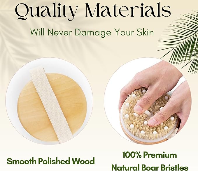Dry Brushing Body Brush, Best for Exfoliating Dry Skin, Lymphatic Drainage and Cellulite Treatment, Organic Spa Massage Scrub Brush with Soft Boar Bristles, Great Gift for A Glowing Skin