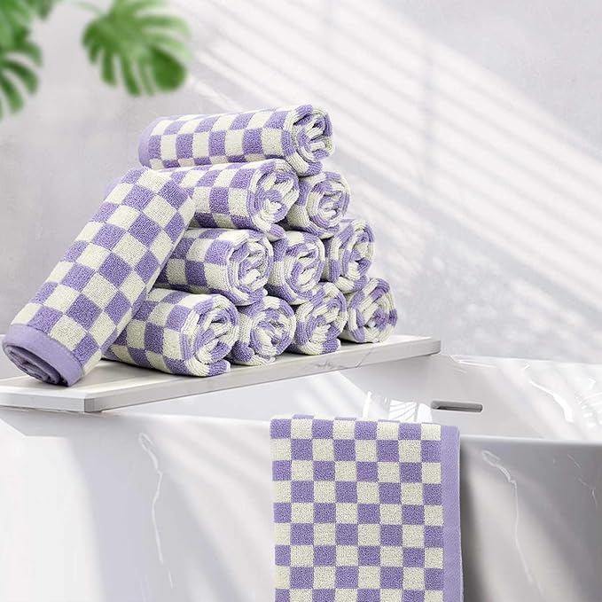 Jacquotha Cotton Washcloth 12 Pack (Lilac Checkered), Soft Absorbent Washcloths Facecloth, Cotton Face Towels Set for Body Showering 13x13 Inches, Gifts