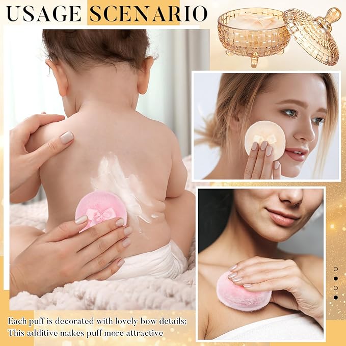 Tioncy 3 Pcs Large Body Powder Puff and Container Valentine's Day gift Powder Container with Puff Crystal Case Soft Washable Reusable Velour Face Body Glitter Wet Dry Makeup(Weave Design,Amber)