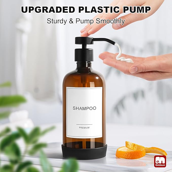 GMISUN Plastic Shampoo and Conditioner Dispenser with Silicone Sleeves, 21 oz Amber Shower Soap Dispenser Bottles with Labels, Refillable Shampoo Conditioner Body Wash Dispensers Set of 3