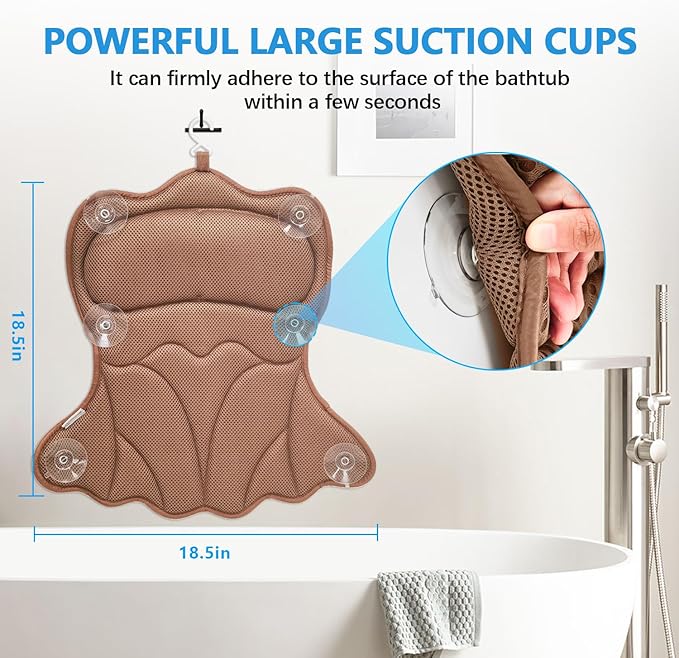 REEZEIVI Bath Pillows for Tub,Bath Pillow with 6 Non-Slip Suction Cups,Soft 4D Mesh Fabric,Bathtub Pillows for Tub Neck and Back Support,Extra Thick Luxury Bathtub Pillows,Brown