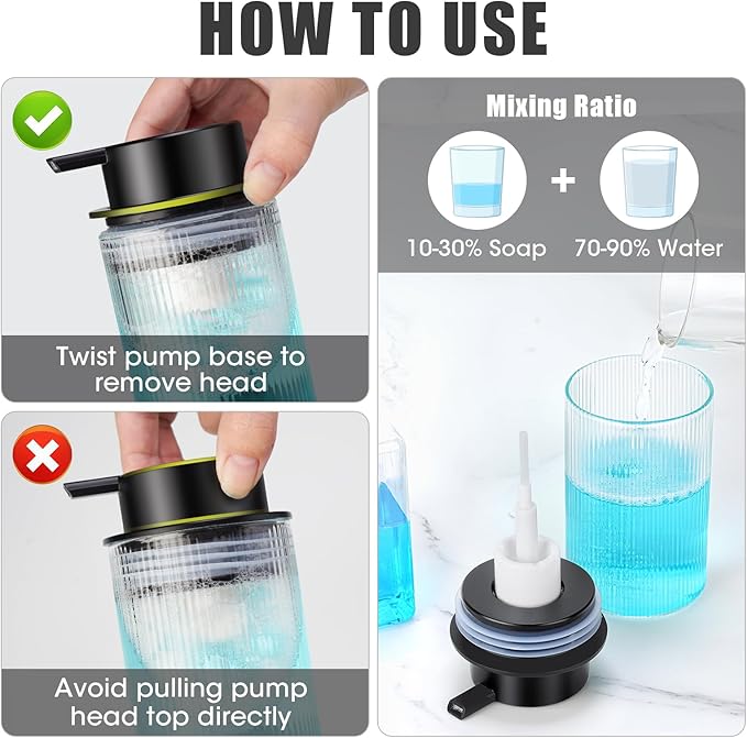 NiHome 14oz Multifunctional Glass Foaming Hand Soap Dispenser with Elegant Stripe Pattern, High-Capacity Easy to Refill for Home & Commercial Use, Advanced Foam Pump & Non-Slip Base (Frosted Black)