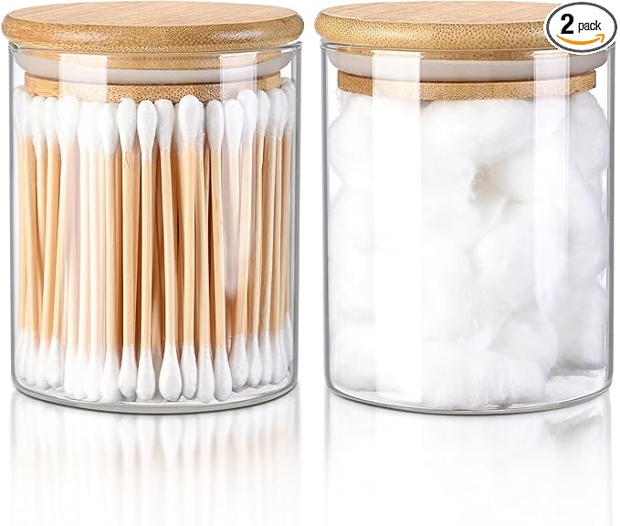 Glass Qtip Holder Dispenser with Bamboo Lid, 2 Pack Apothecary Jars with Lids, Cotton&Swab Apothecary Jars, Qtip Holder Bathroom Set for Countertop Bathroom Essentials Accessories Decor