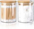 Glass Qtip Holder Dispenser with Bamboo Lid, 2 Pack Apothecary Jars with Lids, Cotton&Swab Apothecary Jars, Qtip Holder Bathroom Set for Countertop Bathroom Essentials Accessories Decor