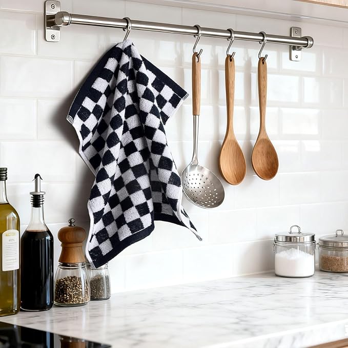 Jacquotha Wash Cloths Checkered 4 Pack (Black and White) - Cotton Washcloths for Face Body, 13 x 13 Inches Daily Cleansing Kitchen Towels
