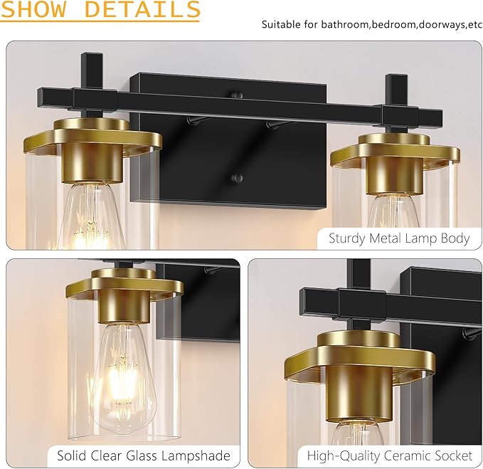 2-Lights Black and Gold Bathroom Light Over Mirror with Square Glass Shade and Metal Base, Gold Wall Vanity Lights for Bedroom, Stairs, Living Room, Hallway