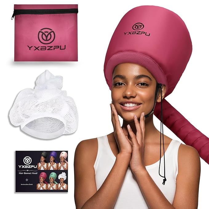 Hooded Hair Dryer Attachment, Hair Dryer Caps for Curly, Speeds Up Drying Time, Safety Deep Conditioning At Home (Rose Red)