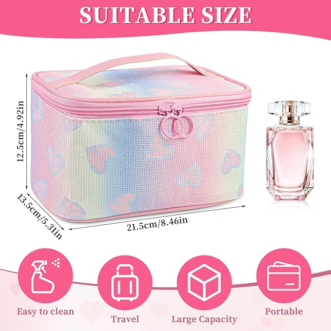 Makeup Bag, Travel Makeup Case Organizer With Handle and Divider, Make Up Box for Women, Cute Cosmetic Bag for Girls Sister Gifts