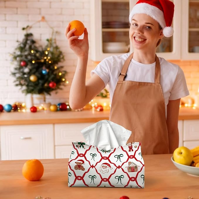 Christmas Tissue Box Cover Rectangle, Green Red Tissue Box Holder, Santa Bows Winter PU Leather Tissue Covers Decorative for Home Office Kitchen, Cute for Women Girls 9.8x5.9x5.9