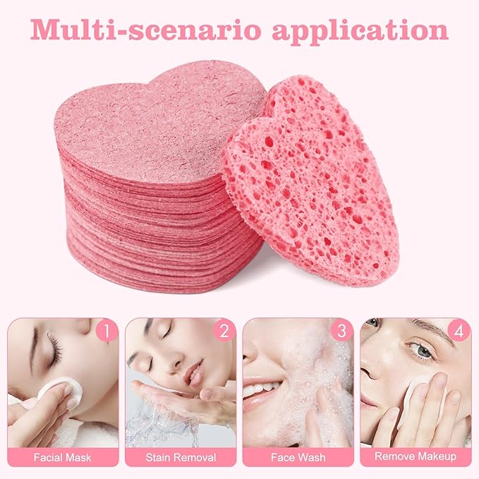60-Count Compressed Facial Sponges With Container, Heart Shape Face Sponge, 100% Natural Pads for Cleansing, Massage, Pore Exfoliating Mask, Makeup Removal (Pink)