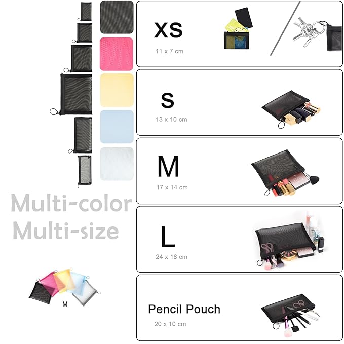 patu Zipper Mesh Bags, Size M / A6, 5 Pieces, Beauty Makeup Cosmetic Accessories Organizer, Travel Toiletry Kit Set Storage Pouch, Assorted Colors