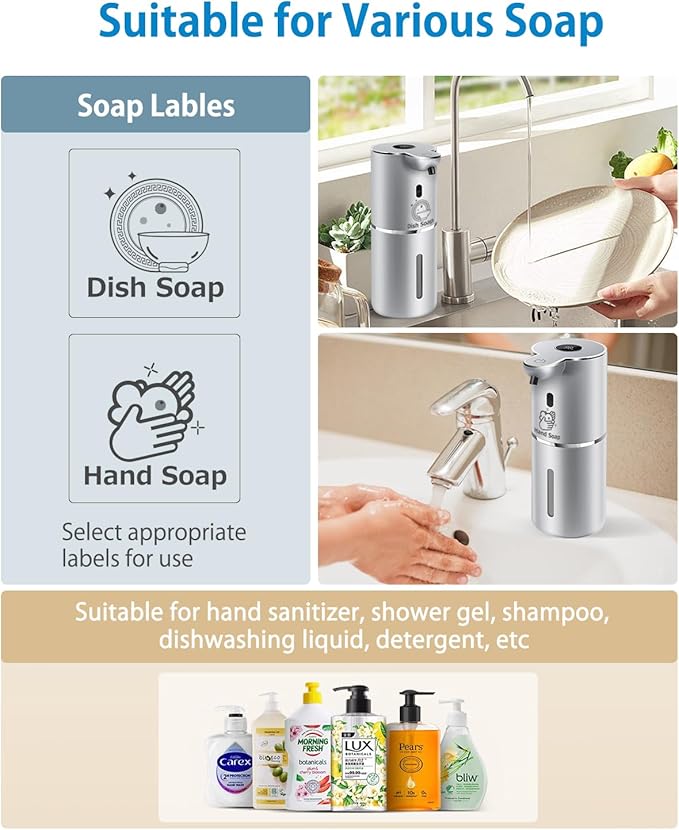 Automatic Liquid Soap Dispenser 12.8oz, Rechargeable & 6 Levels Soap Adjustable with Digital Display, Wall Mount, Waterproof, Touchless Hand/Dish Soap Dispenser for Kitchen, Bathroom, Hotel