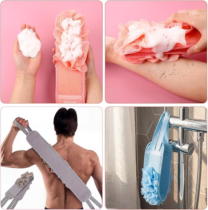 4 Pcs Exfoliating Back Scrubber for Shower Double Sided Exfoliating Washcloth with Strap Long Body Scrub Sponge Shower Loofah with Handle for Women Men Body Washing