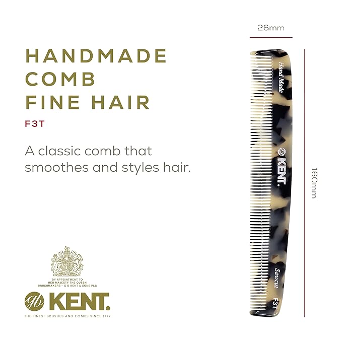 Kent F3T TW Fine Tooth Comb - Hair Parting and Straightening Comb for Men's & Women's Dandruff Remover, Saw Cut and Hand Polished Made in England