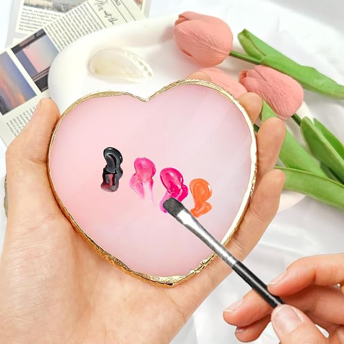 2Pcs Resin Nail Art Palette, Nail Polish Palette, Gold Edge Nails Holder Display Board, Cosmetic Mixing Tools for Nails Art(Heart Shaped White,Pink)