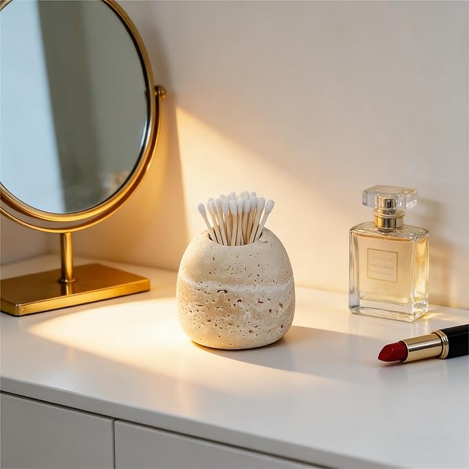 Travertine Match and Toothpick Holder Cute Beige Multi-Purpose Storage Jar for Cotton Swabs Matches Nail Clippers Scissors Bathroom Bedroom Vanity Decor (Beige)