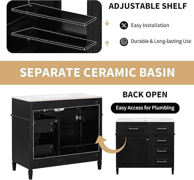 Harper & Bright Designs 36" Bathroom Vanity with Sink, Free Standing Vanity Set with 4 Drawers, Storage Racks, and Adjustable Shelf, Wood Bathroom Cabinet with Ceramic Basin for Bathroom, Black