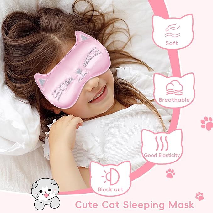 Cooling Eye Mask and Sleep Mask for Woman 2 Pcs, Cute Animal Cat Cartoon Pink Sleeping Mask Soft Cold Warm Compress Gifting for Dry Eyes Puff Eye Migraine Spa, Office, Morning Refreshment
