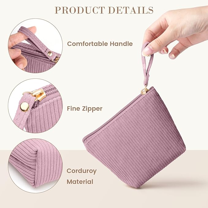MAGEFY Mini Makeup Bag, Cute Small Makeup Bag for Purse Corduroy Cosmetic Bag for Women with Slip-in Pockets Travel Purse Essentials Lipstick Bag(Pink,Mini)