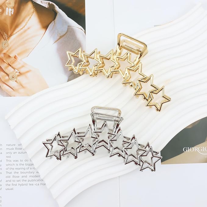2PCS Y2k Metal Hair Claw Clips Star Hair Clips for Women Big Nonslip Design Claw Hair Clips for Thick and Thin Hair Stitching Silver Gold Large Hair Accessories for Women