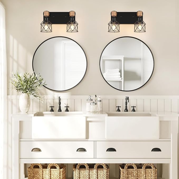 FadimiKoo 2-Light Farmhouse Bathroom Vanity Light Fixtures, Wood Bathroom Lighting Over Mirror, Black Rustic Sconces Wall Lighting with Metal Lampshade for Living Room, Bedroom, Hallway