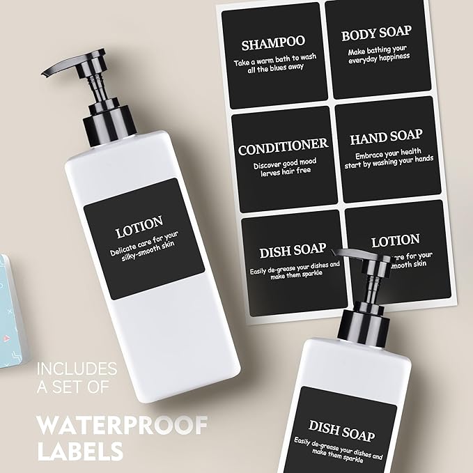 Refillable Plastic Pump Bottle Dispenser with Waterproof Labels - Empty Bathroom Soap and Body Wash Dispenser Set (White, Set of 3, 500ML)