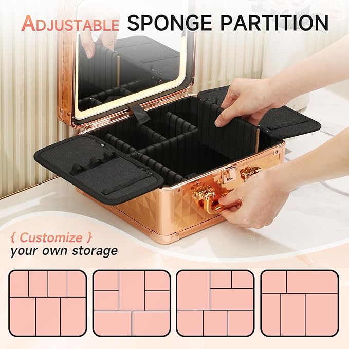 Leeora&Leekoo Makeup Box with Lighted Mirror,Portable Makeup Train Case Organizer (Rose Gold)