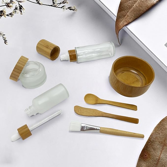 Face Mask Mixing Bowl Set Bamboo,7 Pcs DIY Facemask Mixing Tool Kit with Facial Mask Bowl,Spatula,Spoon,Brush,Empty Refilable Lotion Pump Bottle,Cream Jar and Dropper Bottle for Skincare