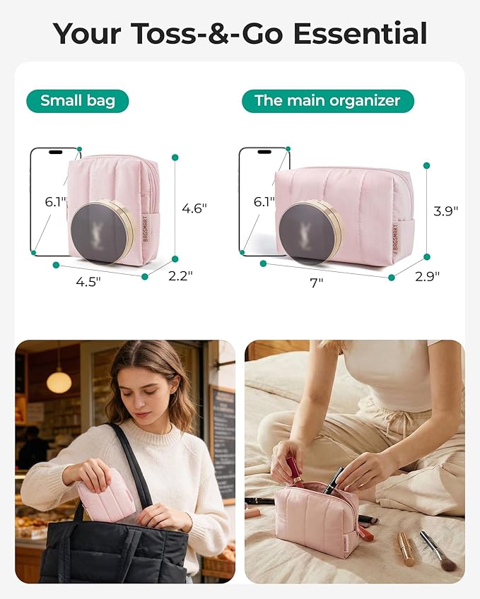 BAGSMART Makeup Bag Duo Set, Puffy Padded Travel Cosmetic Organizer with Slip-in Pockets, Large Toiletry Bag & Small Purse Pouch, Travel Essentials for Women, Greige