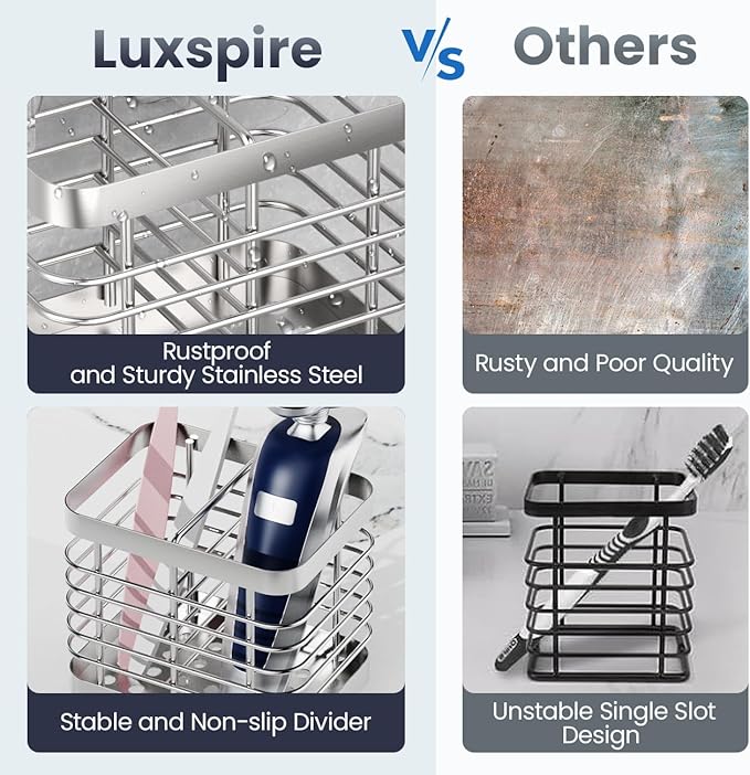 Luxspire Toothbrush Holders for Bathroom, Stainless Steel Electric Toothbrush Holder Wall Mounted, Shower Toothbrush Toothpaste Holder, Bathroom Organizer Essentials, 2 Slots, Silver