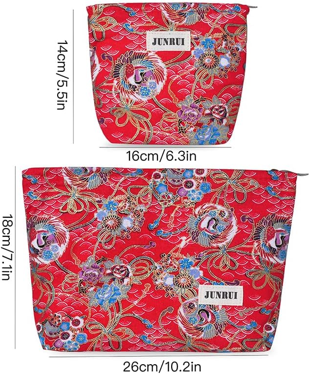 2 PCS Makeup Pouch Small Cute Japanese Style Cosmetic Bag for Women，Cotton Toiletry Bag Pouch for Purse，Gilding Craft Makeup Bag with Zipper（Red）