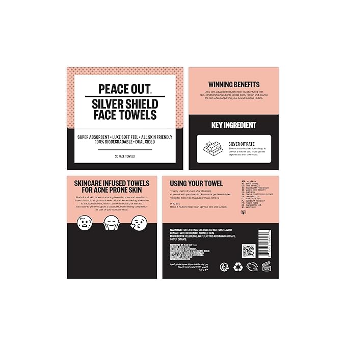 PEACE OUT Silver Shield Face Towels, Disposable Facial Towels for Sensitive Skin, Silver Citrate Infused, Dual Sided, Super Absorbent, Biodegradable, 30 Count