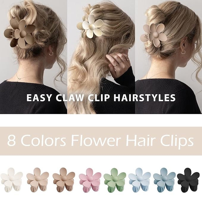 Flower Hair Clips 8PCS Hair Claw Clips For Women Thick Hair Matte Large Claw Clips Hair Jaw Clips Cute Big Dasiy Hair Clips Non Slip Strong Hold For Women Thin Hair, Hair Accessories For Women Girls Gifts 8 Colors