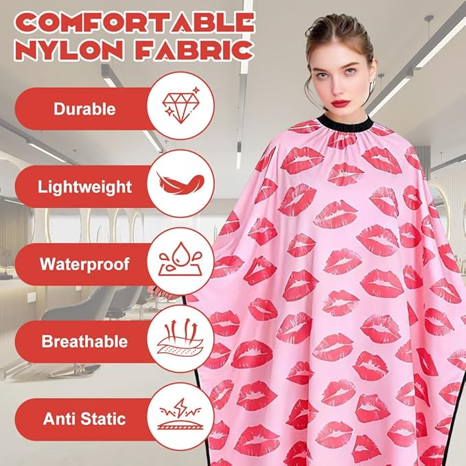 Salon Cape for Women,Adjustable Hair Cutting Cape,Professional Large Barber Stylist Hairdresser Cape,Waterproof & Light Weight & Machine Washable- 63”× 56” (Big Red Lips)