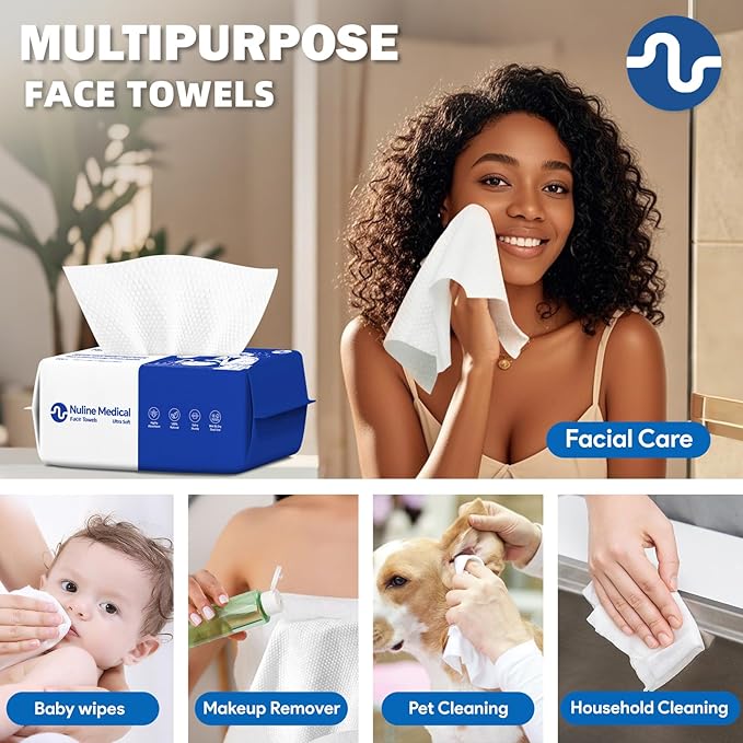 Disposable Face Towel, Biodegradable Facial Towels for Sensitive Skin, Ultra Soft Face Towelette for Women Cleansing, 7.87’’ x 7.87 ‘’ (4 Packs)