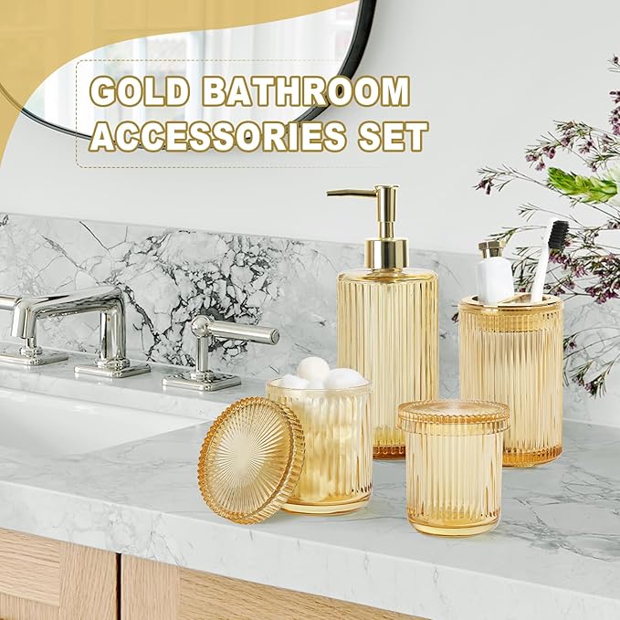 Gold Bathroom Accessories 4 Pcs, Gold Glass Soap Dispenser and Toothbrush Holder Set, Qtip Holder Set, Glass Bathroom Soap Dispenser Set, Yellow Orange Bathroom Decor